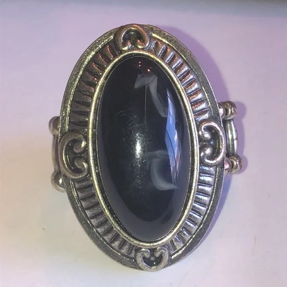Silver Tone Oval Black Stone Boho Statement Ring - Picture 2 of 6